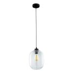 Lampa wisząca Elio 1-punktowa z przezroczystym kloszem, o opływowym kształcie. Zawieszona na czarnym przewodzie, z metalowym mocowaniem. Widoczna żarówka wewnątrz klosza. Tło proste, białe.