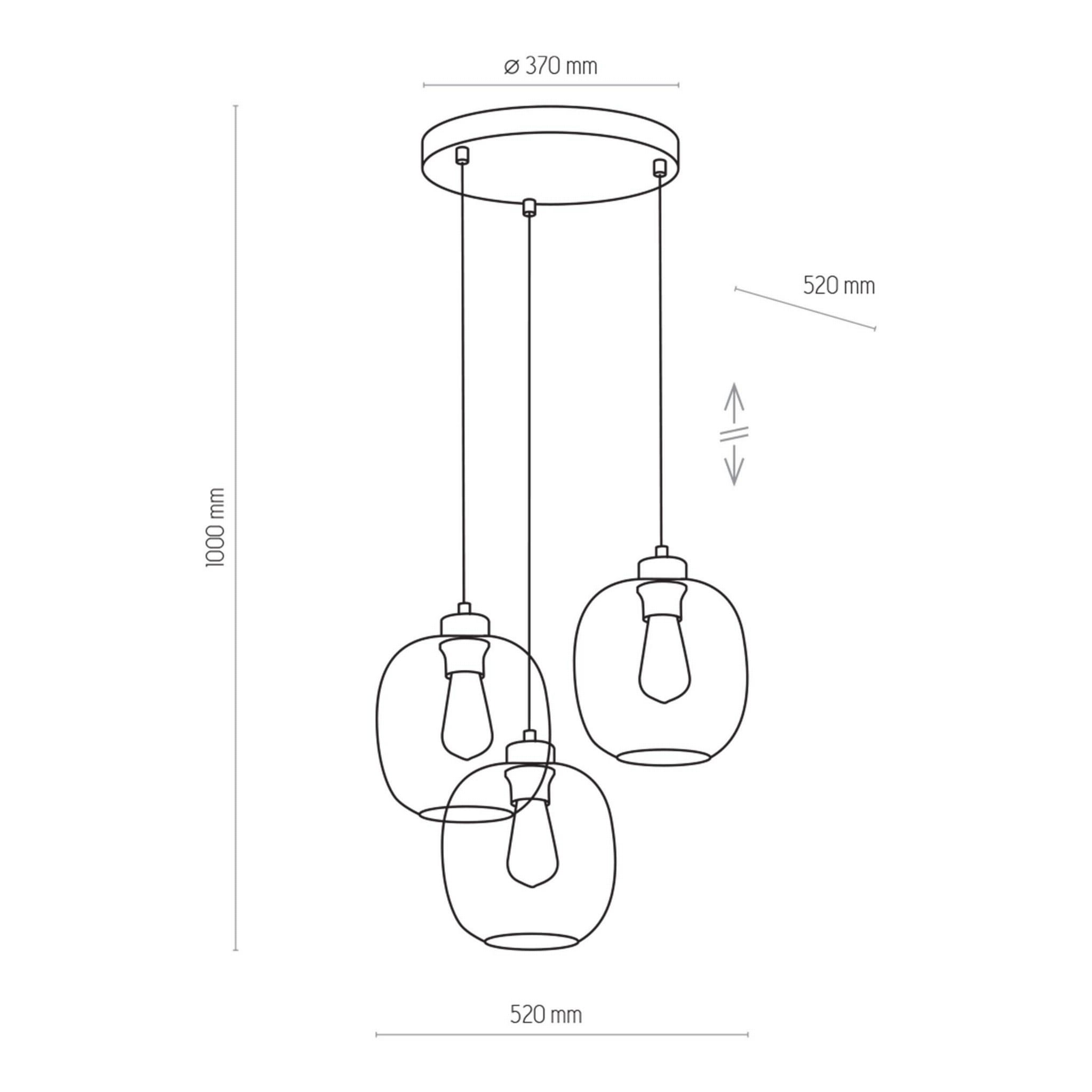 Lampa wisząca Elio 3-punktowa z trzema okrągłymi kloszami, średnica 370 mm, długość 1000 mm, z regulowanymi przewodami. Klosze mają prosty kształt, przezroczysty materiał, zamontowane na okrągłej podstawie.