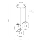Lampa wisząca Elio 3-punktowa z trzema okrągłymi kloszami, średnica 370 mm, długość 1000 mm, z regulowanymi przewodami. Klosze mają prosty kształt, przezroczysty materiał, zamontowane na okrągłej podstawie.
