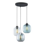 Lampa wisząca Elio 3-punktowa z trzema szklanymi kloszami w odcieniach przezroczystego i niebieskiego, zawieszona na czarnych przewodach. Klosze mają zaokrąglony kształt, a źródła światła są widoczne wewnątrz. Montaż sufitowy na okrągłej podstawie.