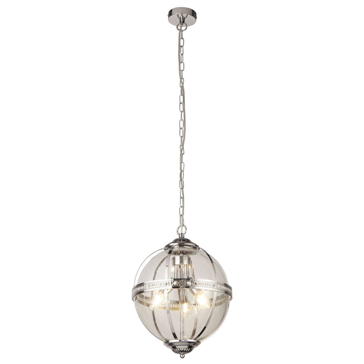 Lampa wisząca Coronet 3xE14 w chromowanej obudowie, z przezroczystym kloszem w kształcie kuli. Zawieszona na łańcuchu, z widocznymi trzema źródłami światła. Elegancki design idealny do nowoczesnych wnętrz.