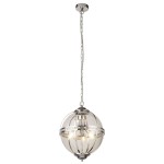 Lampa wisząca Coronet 3xE14 w chromowanej obudowie, z przezroczystym kloszem w kształcie kuli. Zawieszona na łańcuchu, z widocznymi trzema źródłami światła. Elegancki design idealny do nowoczesnych wnętrz.