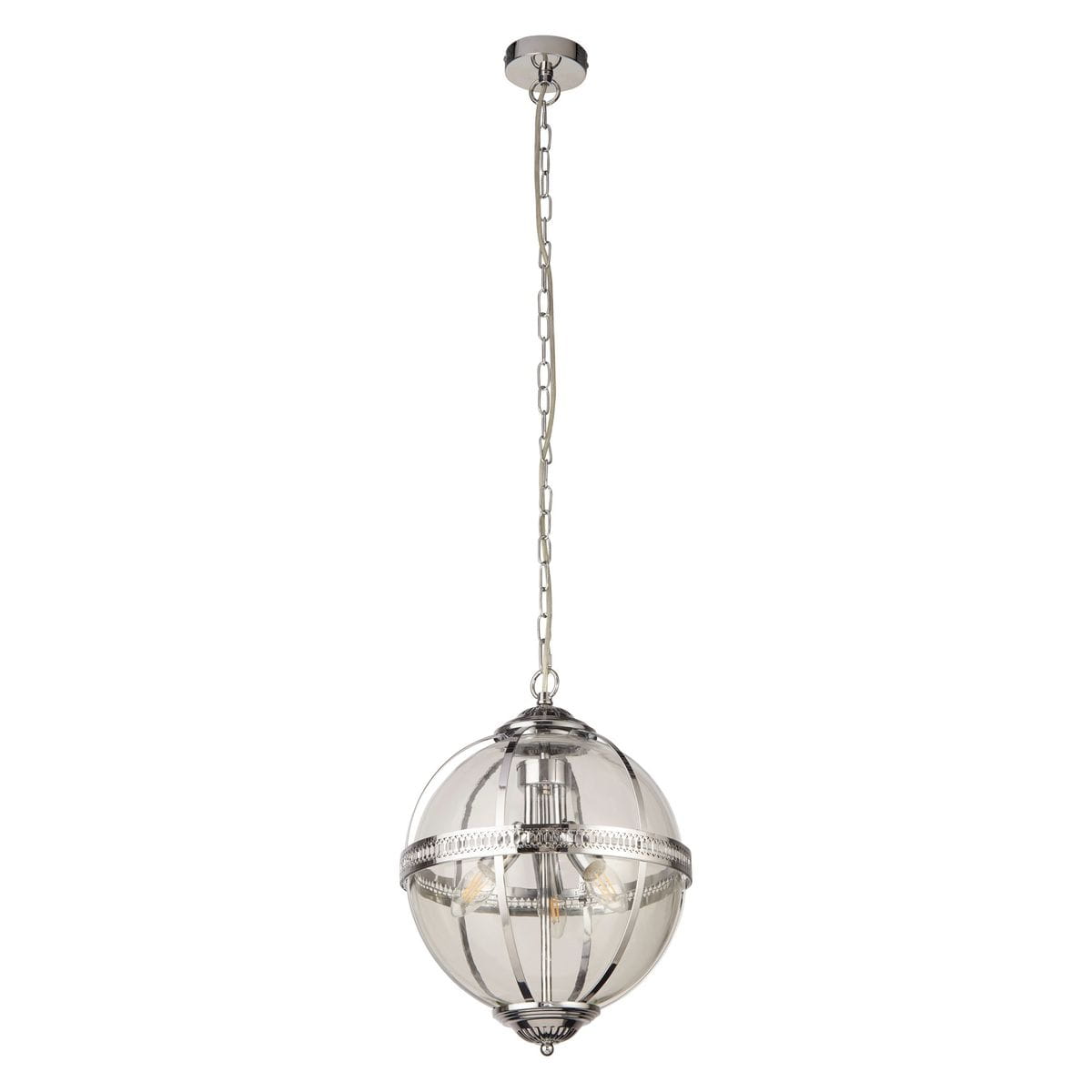 Lampa wisząca Coronet 3xE14 w chromowanej obudowie z przezroczystym kloszem w kształcie kuli. Zawieszona na łańcuchu, z eleganckim detalem w dolnej części. Idealna do nowoczesnych wnętrz.