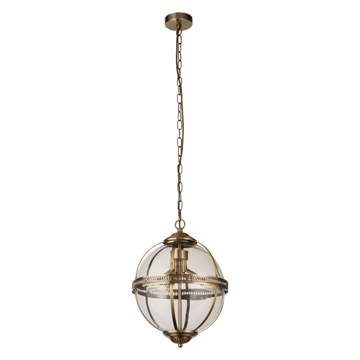Lampa wisząca Coronet 3xE14 w antycznym mosiądzu. Okrągła, szklana kula z metalową ramą, zawieszona na łańcuchu. Widoczny detal dekoracyjny przy dolnej krawędzi. Produkt w kolorze złotym, idealny do nowoczesnych wnętrz.