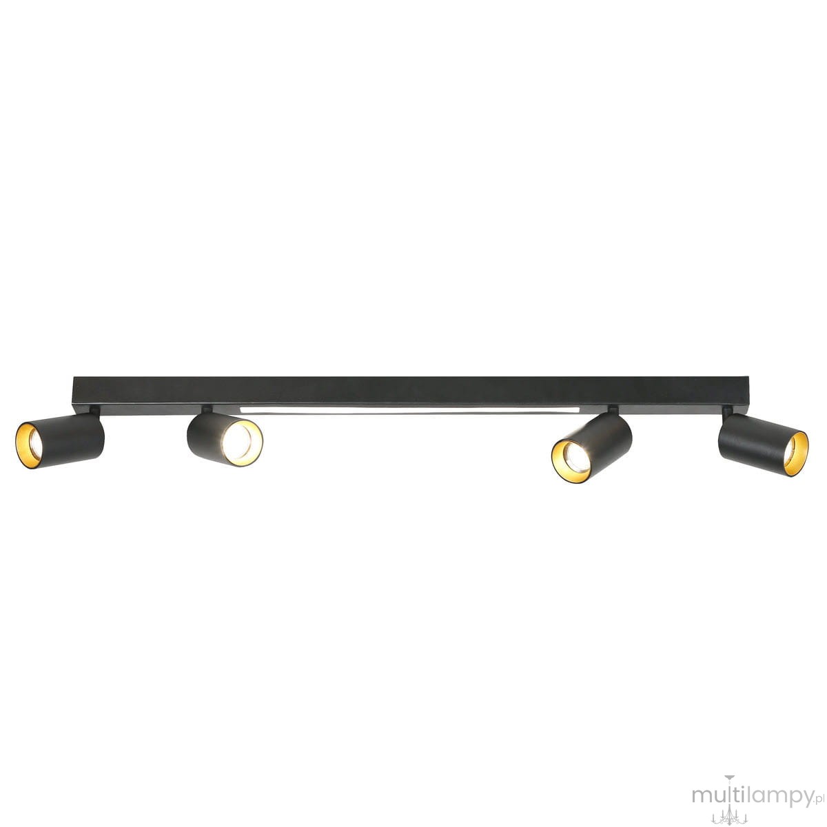 Czarna lampa sufitowa Perugia z pilotem, złożona z czterech reflektorów GU10 oraz jednego LED, zamontowana na prostokątnej listwie. Reflektory mają cylindryczny kształt z wewnętrzną złotą powłoką. Produkt widoczny na białym tle.