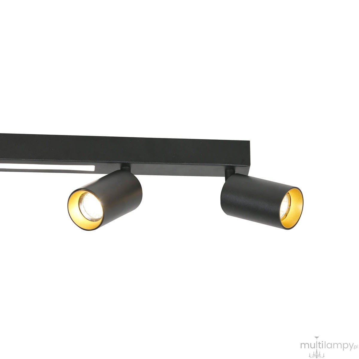 Lampa sufitowa Perugia w kolorze czarnym z pilotem, z dwoma reflektorami GU10 i jednym LED. Reflektory mają matowe wykończenie z wewnętrzną złotą powłoką. Ujęcie z dołu, pokazujące detale konstrukcyjne.
