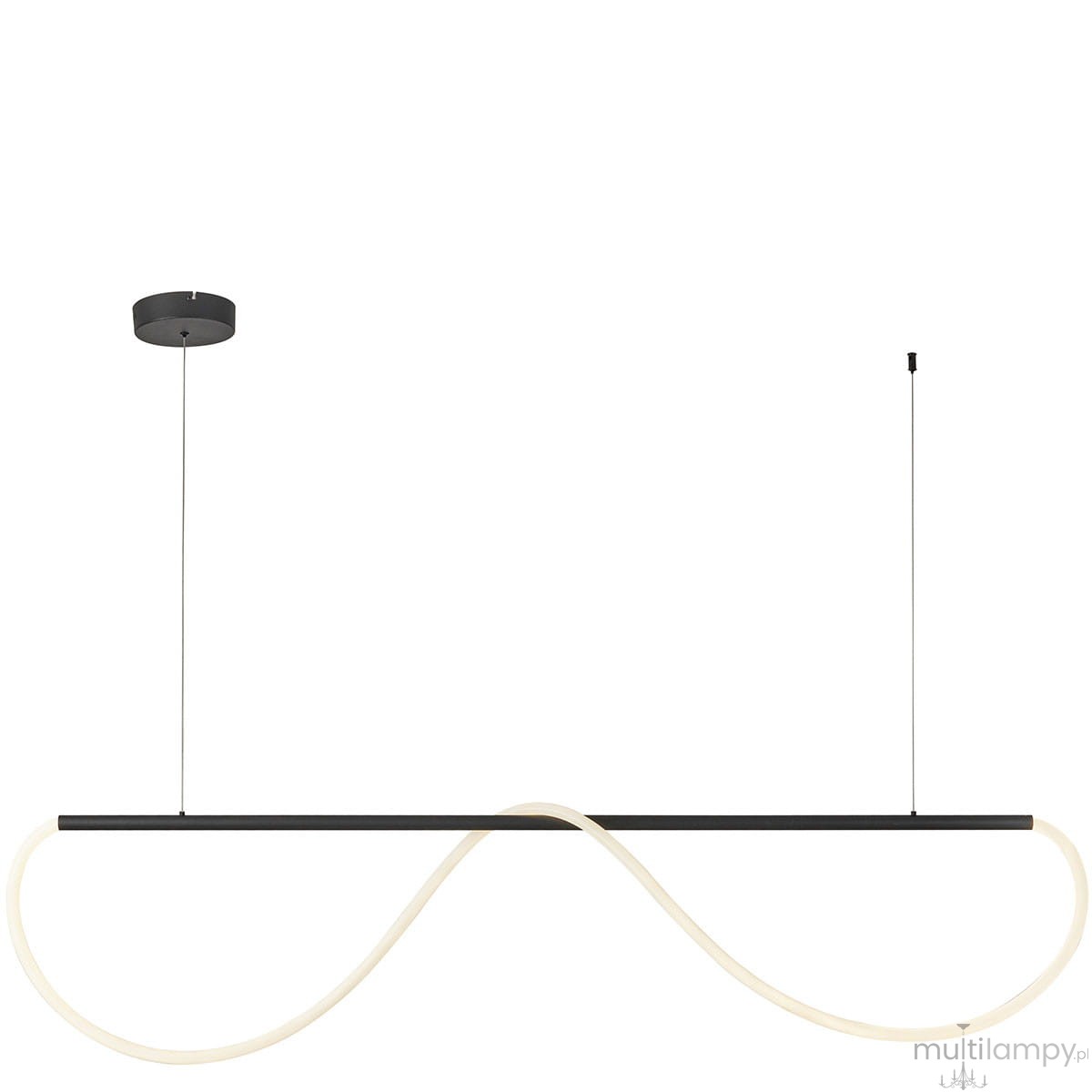 Lampa wisząca Meleca LP-2345/1P M BK w kolorze czarnym, z jedną diodą LED 36W. Posiada nowoczesny, falowany kształt. Zawieszona na cienkich linkach, z pilotem do sterowania. Tło białe, podkreślające elegancki design lampy.