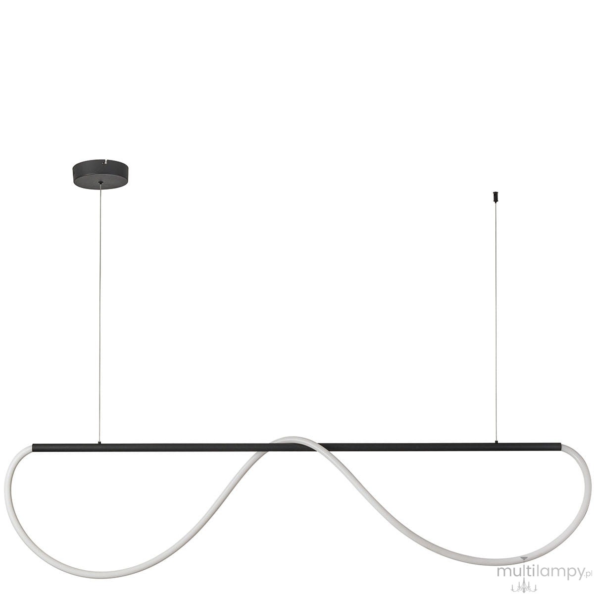Lampa wisząca Meleca LP-2345/1P M BK w kolorze czarnym, z pilotem, o eleganckim kształcie w formie fali. Wyposażona w jedną żarówkę LED 36W, zawieszona na cienkich linkach, z minimalistycznym, okrągłym mocowaniem sufitowym na białym tle.