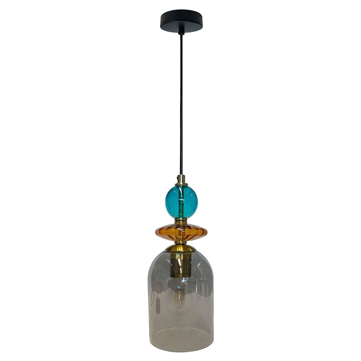 Lampa wisząca Tropea 1xE27 w kolorze czarnym z przezroczystym kloszem, ozdobiona niebieską i bursztynową dekoracją. Zawieszona na cienkim kablu, z okrągłym mocowaniem sufitowym. Idealna do nowoczesnych wnętrz.