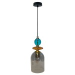 Lampa wisząca Tropea 1xE27 w kolorze czarnym z przezroczystym kloszem, ozdobiona niebieską i bursztynową dekoracją. Zawieszona na cienkim kablu, z okrągłym mocowaniem sufitowym. Idealna do nowoczesnych wnętrz.