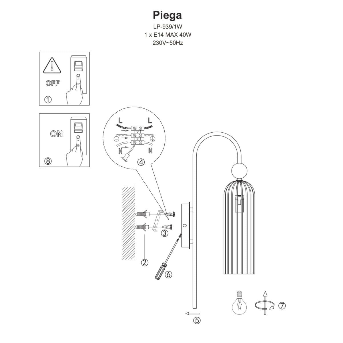 Kinkiet Piega LP-939/1W w kolorze patyny i bursztynu, z pojedynczym gniazdem E14, o maksymalnej mocy 40W. Lampa ma metalową konstrukcję z dekoracyjnym kloszem w kształcie owalnym, zamontowana na ścianie, w pozycji stojącej.