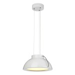 Lampa wisząca Europa M w kolorze białym, z metalowym kloszem w kształcie półkuli. Wyposażona w jedno źródło światła LED o mocy 20W. Zawieszona na dwóch cienkich linkach, montowana do sufitu. Tło proste, jasne.