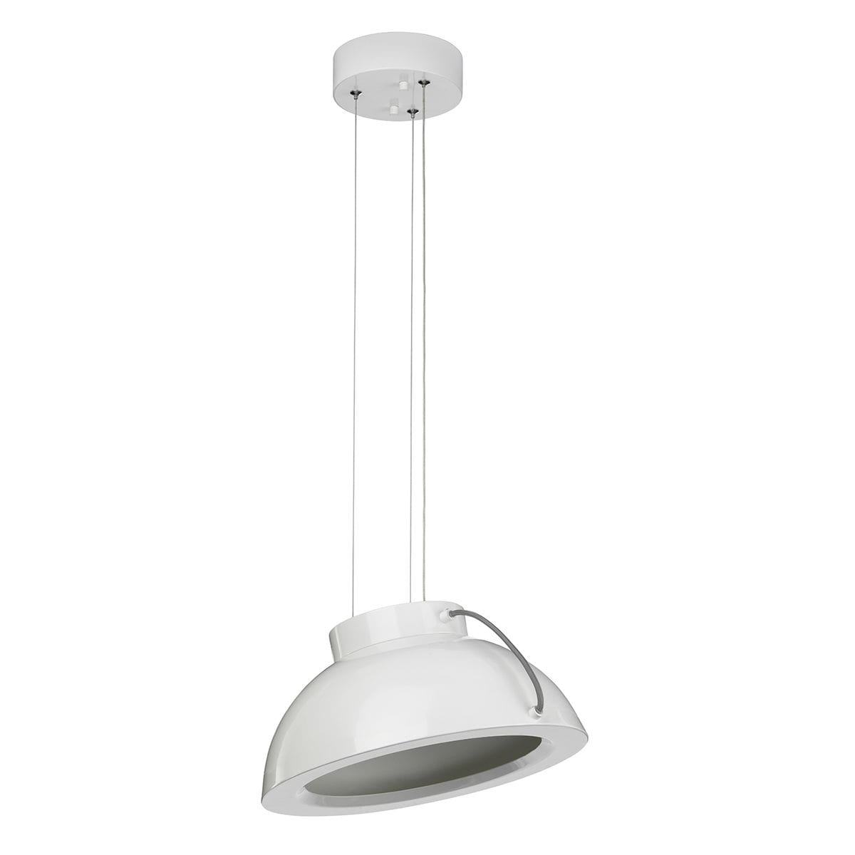 Lampa wisząca Europa M w kolorze białym, wykonana z materiału metalowego. Okrągła, szeroka czasza z otwartym dnem, zawieszona na dwóch cienkich linkach. Prosta konstrukcja, idealna do nowoczesnych wnętrz.