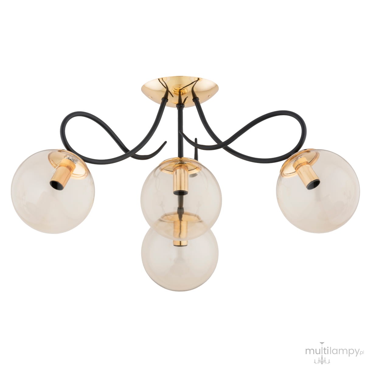 Czarna lampa sufitowa Oxa z czterema oprawami E14, z metalowymi, złotymi detalami. Trzy przezroczyste, okrągłe klosze umieszczone na kręconych ramionach. Ujęcie z góry, ukazujące stylowy design oraz eleganckie wykończenie.