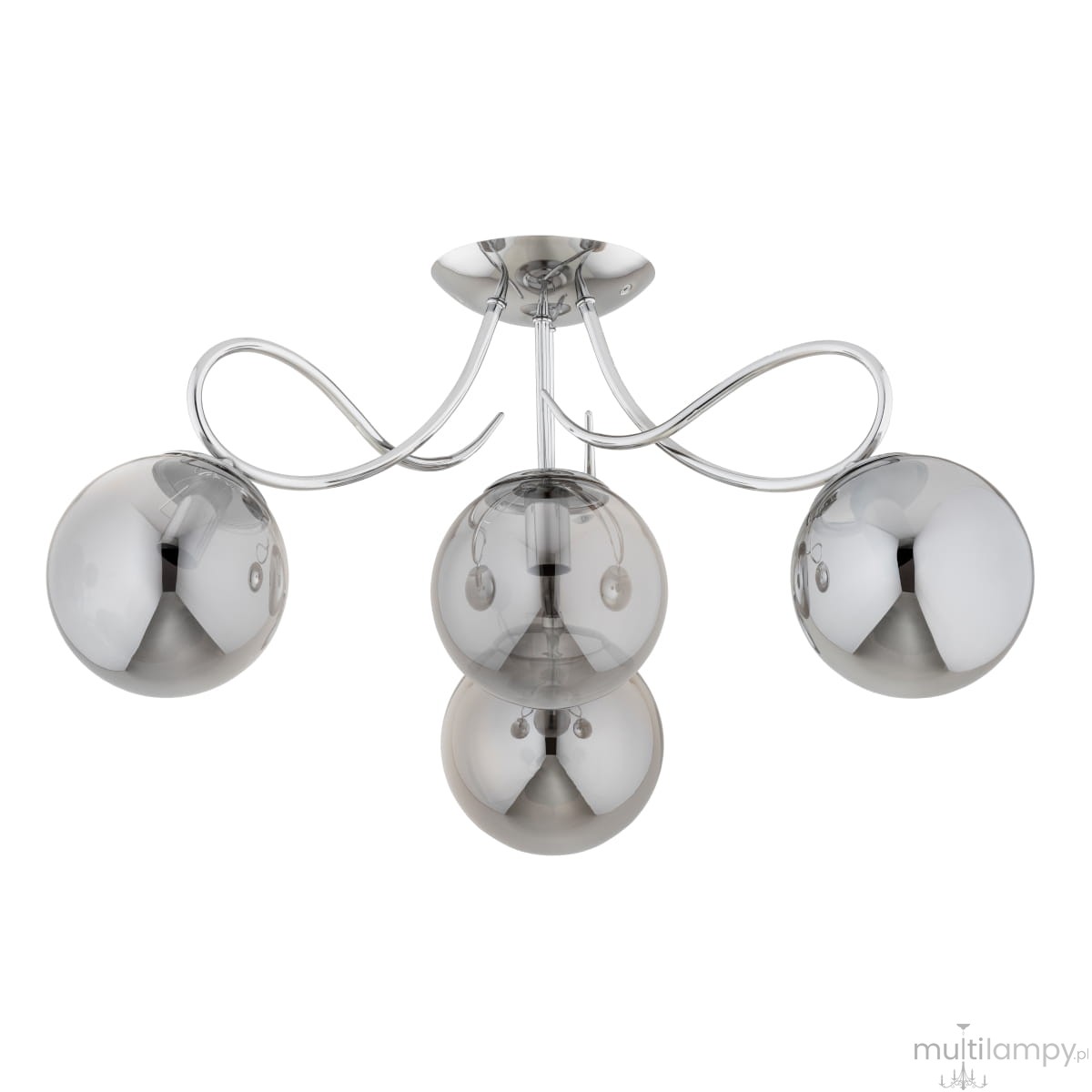 Lampa sufitowa Oxa z chromowanym wykończeniem, posiadająca cztery okrągłe klosze w odcieniu szaro-srebrnym. Ujęcie frontalne, z widocznymi eleganckimi, zakrzywionymi ramionami. Idealna do nowoczesnych wnętrz.