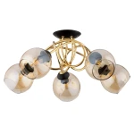 Lampa sufitowa Modena Black 5-punktowa w kolorze złotym i czarnym. Posiada pięć szklanych kloszy w odcieniu bursztynowym, osadzonych na złotej, dekoracyjnej konstrukcji. Montaż sufitowy, widok z dołu.