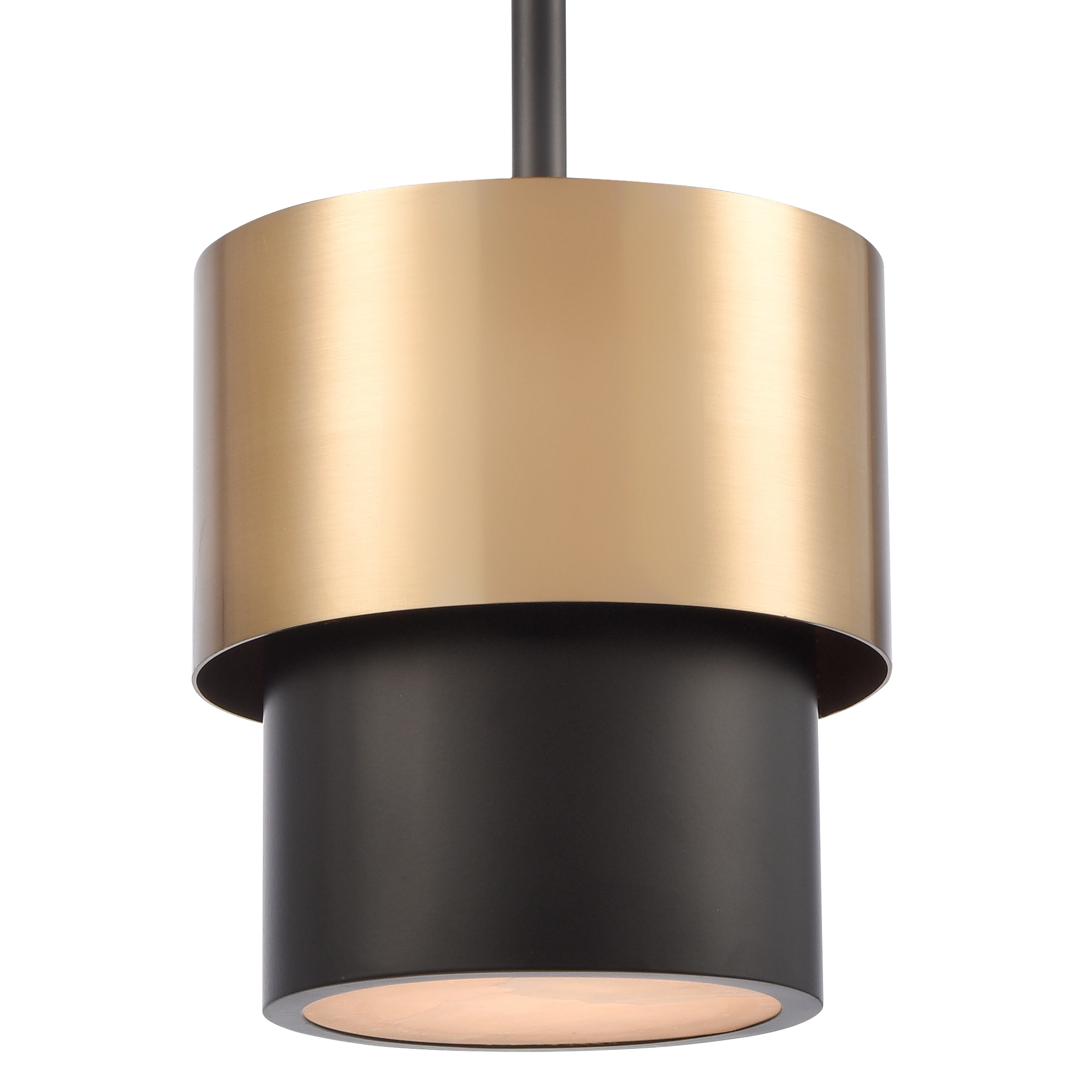 Lampa wisząca Coburg D20 z jedną oprawą E14, złożona z górnej części w kolorze mosiądzu i dolnej czarnej. Okrągły kształt z matową powierzchnią, widoczna podstawa oświetleniowa z przezroczystym kloszem. Montaż sufitowy.