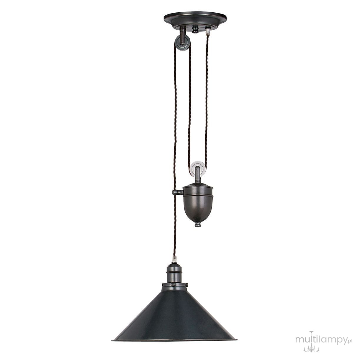 Regulowana lampa wisząca Provence z kloszem w kształcie stożka, wykonana w brązowym metalicznym kolorze. Zawieszona na plecionym przewodzie, z elementami dekoracyjnymi w stylu vintage. Klosz ma średnicę około 30 cm, montowana sufitowo.