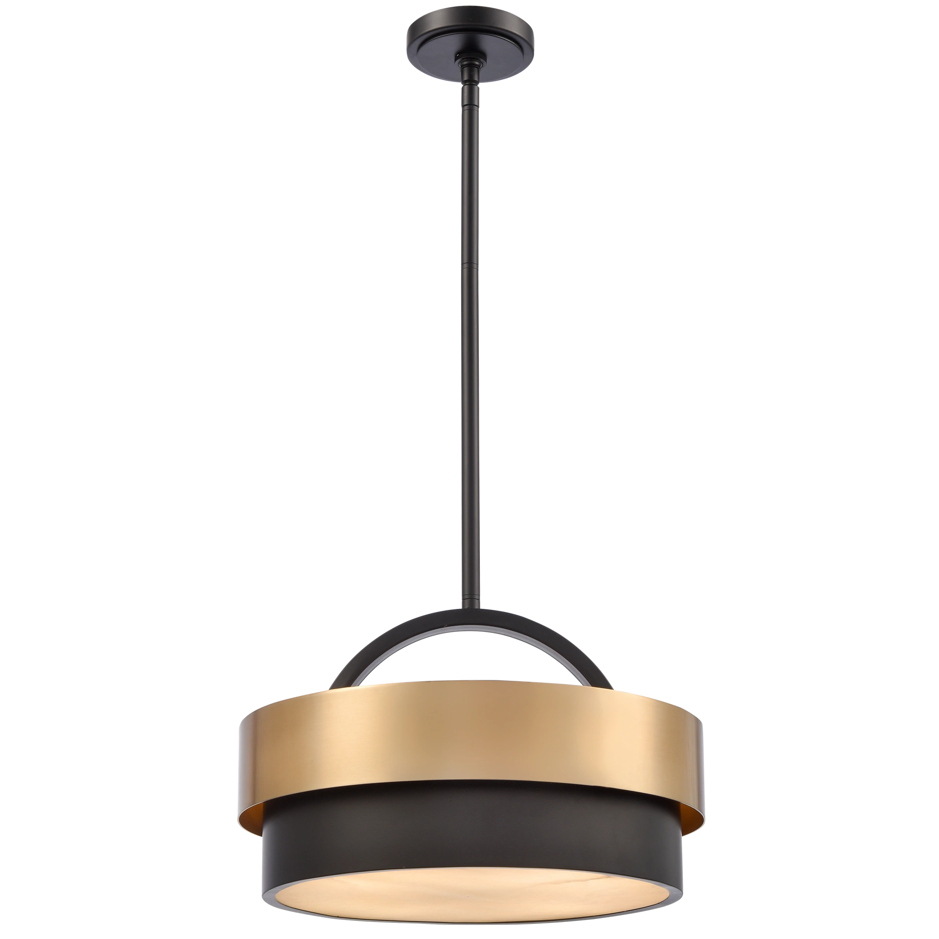 Lampa wisząca Coburg D40 z czarnym metalowym korpusem i mosiężnym elementem dekoracyjnym. Posiada cztery gniazda E14. Zawieszona na cienkim, czarnym przewodzie, z okrągłym mocowaniem sufitowym.