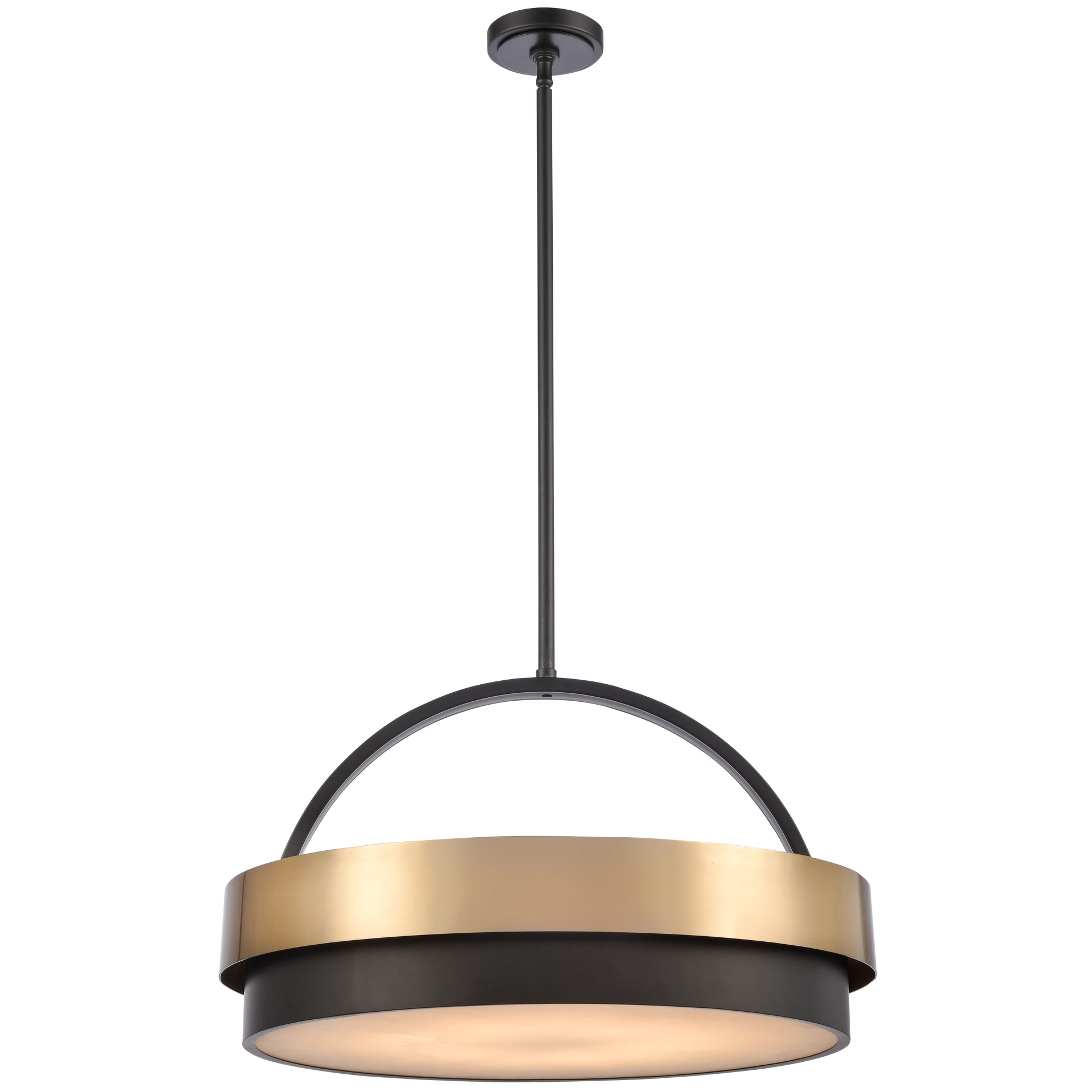 Lampa wisząca Coburg D60, wykonana z czarnego metalu i mosiądzu, z sześcioma miejscami na żarówki E14. Okrągła forma z dwiema warstwami – dolna czarna, górna mosiężna. Zawieszona na cienkim przewodzie, idealna do nowoczesnych wnętrz.