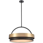 Lampa wisząca Coburg D60, wykonana z czarnego metalu i mosiądzu, z sześcioma miejscami na żarówki E14. Okrągła forma z dwiema warstwami – dolna czarna, górna mosiężna. Zawieszona na cienkim przewodzie, idealna do nowoczesnych wnętrz.