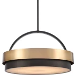 Lampa wisząca Coburg D60 z sześcioma oprawami E14, w kolorze czarnym i mosiężnym. Okrągła, z matowym kloszem i metalowymi detalami. Zawieszona na cienkim przewodzie, widok z przodu. Idealna do nowoczesnych wnętrz.