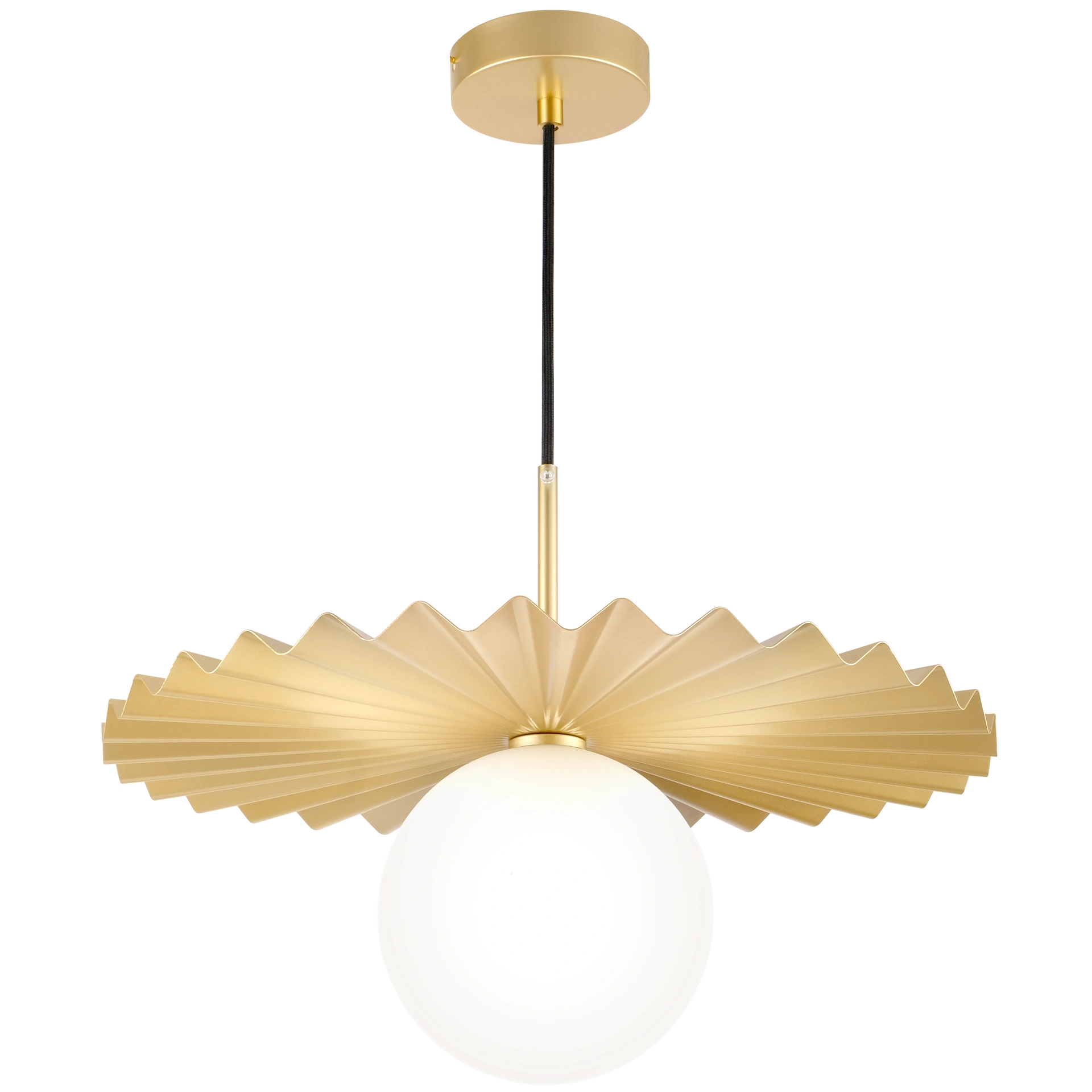 Lampa wisząca Marbella z pojedynczym gniazdem G9, złota. Posiada dekoracyjny, falisty klosz w kształcie wachlarza oraz okrągłą, mleczną kulę. Zawieszona na cienkiej, czarnej linki, montowana do sufitu.