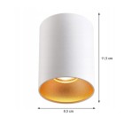 Lampa sufitowa tuba w kolorze białym z wewnętrzną złotą powłoką, o wymiarach 11,5 cm wysokości i 8,5 cm średnicy. Ujęcie frontalne, pokazujące gładką teksturę i kształt cylindryczny. Przeznaczona do żarówki GU10.