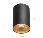 Lampa sufitowa w kształcie tuby, czarna na zewnątrz, złota wewnątrz. Wymiary: wysokość 11,5 cm, średnica 8,5 cm. Zastosowanie żarówki GU10. Ujęcie frontalne, produkt zamontowany, z widocznym detalem na wewnętrznej stronie.