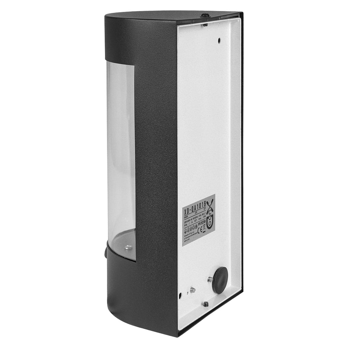 Kinkiet elewacyjny Ares R z czujnikiem ruchu, w kolorze czarnym. Prosty, prostokątny kształt z przezroczystą osłoną na żarówkę E27, montowany na ścianie. Widoczny przycisk i oznaczenia techniczne na tylnej stronie.