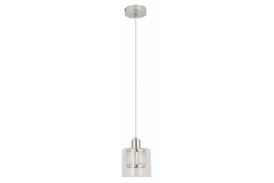 Lampa wisząca Elmo 1xE14 w kolorze chromu z przeźroczystym kloszem, zawieszona na cienkim przewodzie. Kształt cylindryczny klosza, z widoczną żarówką wewnątrz, montowana do sufitu. Tło proste, białe.