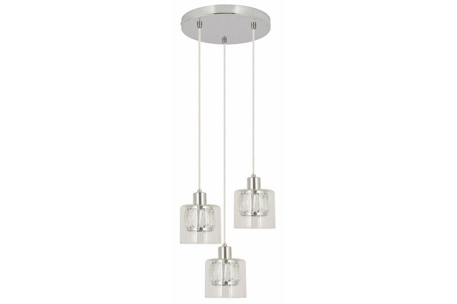 Lampa wisząca Elmo z trzema kloszami E14 w kolorze chromu i przezroczystego szkła. Klosze mają prostokątny kształt z wyraźnym teksturowaniem, zawieszone na cienkich linkach. Wspornik sufitowy okrągły, metaliczny. Idealna do nowoczesnych wnętrz.