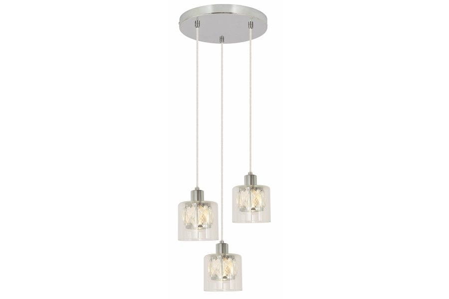 Lampa wisząca Elmo z trzema kloszami E14, wykonana z przezroczystego szkła i chromowanego metalu. Klosze mają cylindryczny kształt i są zawieszone na cienkich linkach. Całość zamontowana na okrągłej podstawie sufitowej, w stylu nowoczesnym.