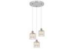Lampa wisząca Elmo z trzema kloszami E14, wykonana z przezroczystego szkła i chromowanego metalu. Klosze mają cylindryczny kształt i są zawieszone na cienkich linkach. Całość zamontowana na okrągłej podstawie sufitowej, w stylu nowoczesnym.