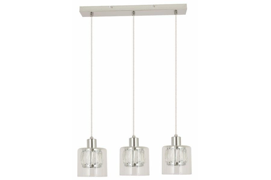 Lampa wisząca Elmo z trzema kloszami, wykonana z chromowanego metalu i przezroczystego szkła. Klosze mają cylindryczny kształt, zawieszone na białych linkach. Zamontowana na prostokątnej bazie, idealna do nowoczesnych wnętrz.