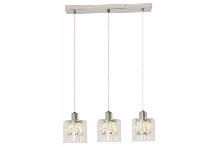 Lampa wisząca Elmo z trzema kloszami, chromowanym mocowaniem i przezroczystymi, szklanymi lampionami. Klosze mają cylindryczny kształt, zawieszone na linkach. Idealna do nowoczesnych wnętrz.