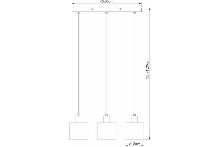 Lampa wisząca Elmo 3xE14 w chromowanym wykończeniu z przezroczystymi kloszami, o wymiarach 45x6 cm. Wysokość regulowana od 50 do 120 cm, z trzy kloszami o średnicy 12 cm, zawieszonymi na cienkich linkach.