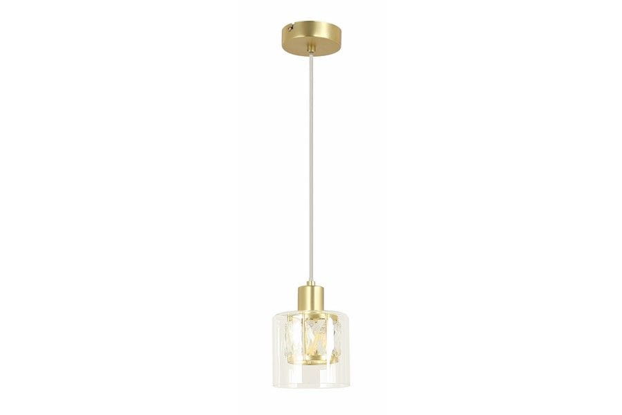 Lampa wisząca Elmo w kolorze złotym z przezroczystym kloszem, jeden punkt świetlny E14. Klosz o cylindrycznym kształcie zawieszony na cienkim, przezroczystym przewodzie, montowany do sufitu.