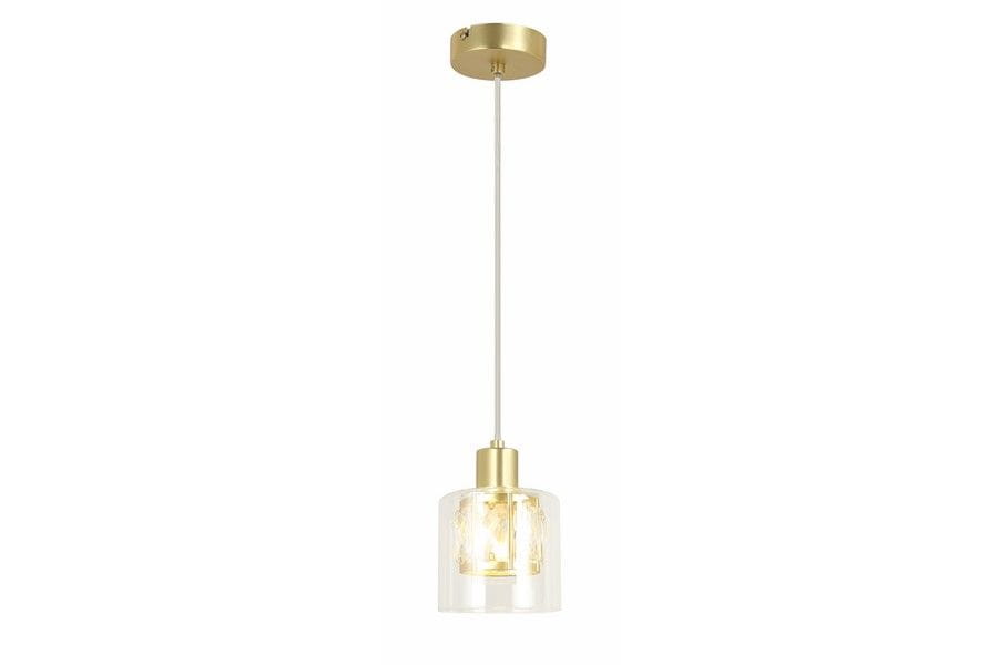 Lampa wisząca Elmo 1xE14 w kolorze złotym z przezroczystym kloszem. Okrągła podsufitka, długi, przezroczysty kabel. Klosz z ozdobnym wnętrzem, zawieszony w pozycji pionowej. Idealna do nowoczesnych wnętrz.
