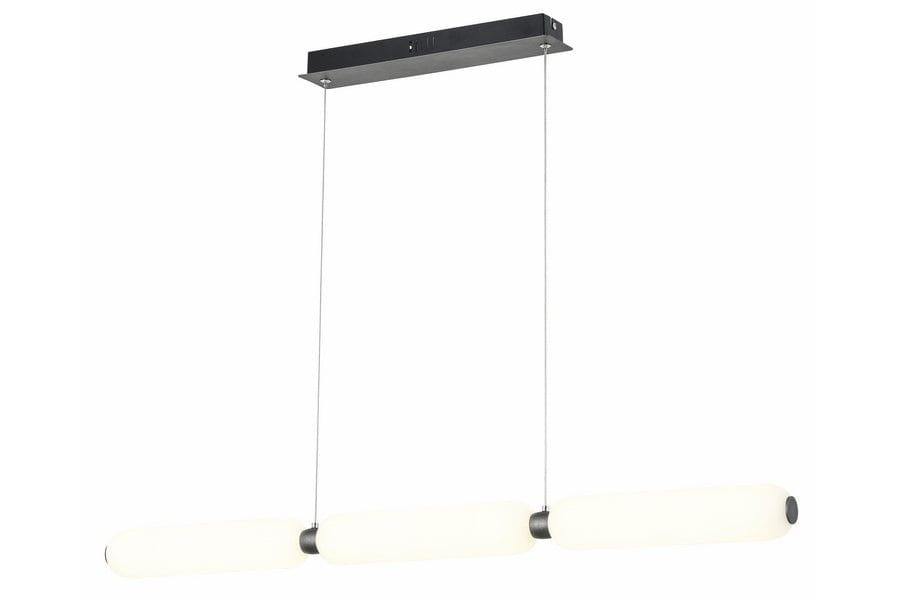 Lampa wisząca Catkin z trzema źródłami światła LED o mocy 24W, w kolorze czarnym. Posiada prostokątną podstawę oraz trzy cylindryczne klosze w odcieniu białym, zawieszone na cienkich linkach. Ujęcie frontalne na jasnym tle.