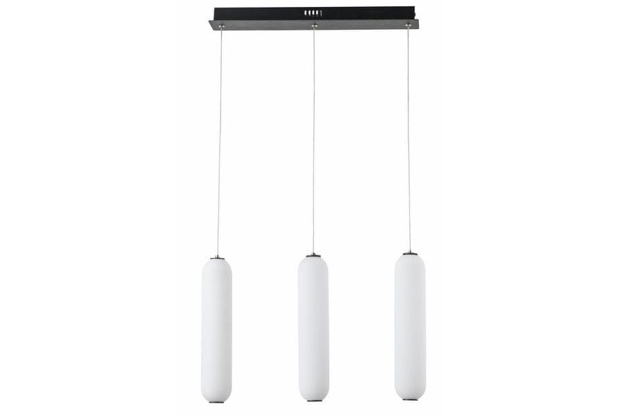 Lampa wisząca Catkin z trzema białymi kloszami LED na czarnym stelażu. Klosze mają cylindryczny kształt, zawieszone na cienkich linkach. Prosta konstrukcja idealna do nowoczesnych wnętrz.