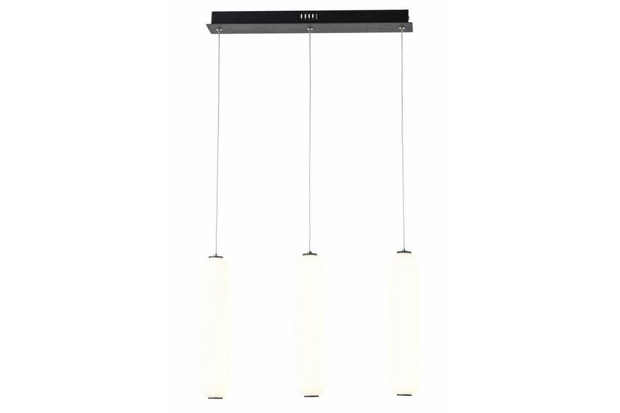Lampa wisząca Catkin 3xLED/24W w kolorze czarnym z trzema białymi kloszami. Ujęcie frontalne, zawieszona na cienkich linkach, z prostokątną podstawą. Klosze mają cylindryczny kształt, co nadaje nowoczesny wygląd.