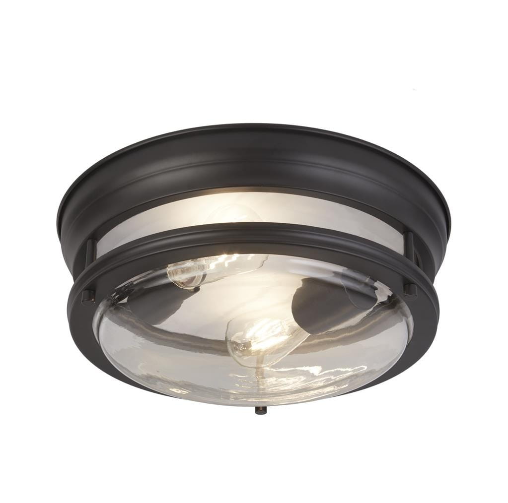 Czarna lampa sufitowa Glasgow z dwoma gniazdami E27, o okrągłym kształcie, z transparentnym kloszem i metalową ramą. Ujęcie z dołu, ukazujące źródła światła oraz dekoracyjne detale. Przeznaczenie: IP44, idealna do przestrzeni wewnętrznych i zewnętrznych.