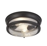 Czarna lampa sufitowa Glasgow z dwoma gniazdami E27, o okrągłym kształcie, z transparentnym kloszem i metalową ramą. Ujęcie z dołu, ukazujące źródła światła oraz dekoracyjne detale. Przeznaczenie: IP44, idealna do przestrzeni wewnętrznych i zewnętrznych.