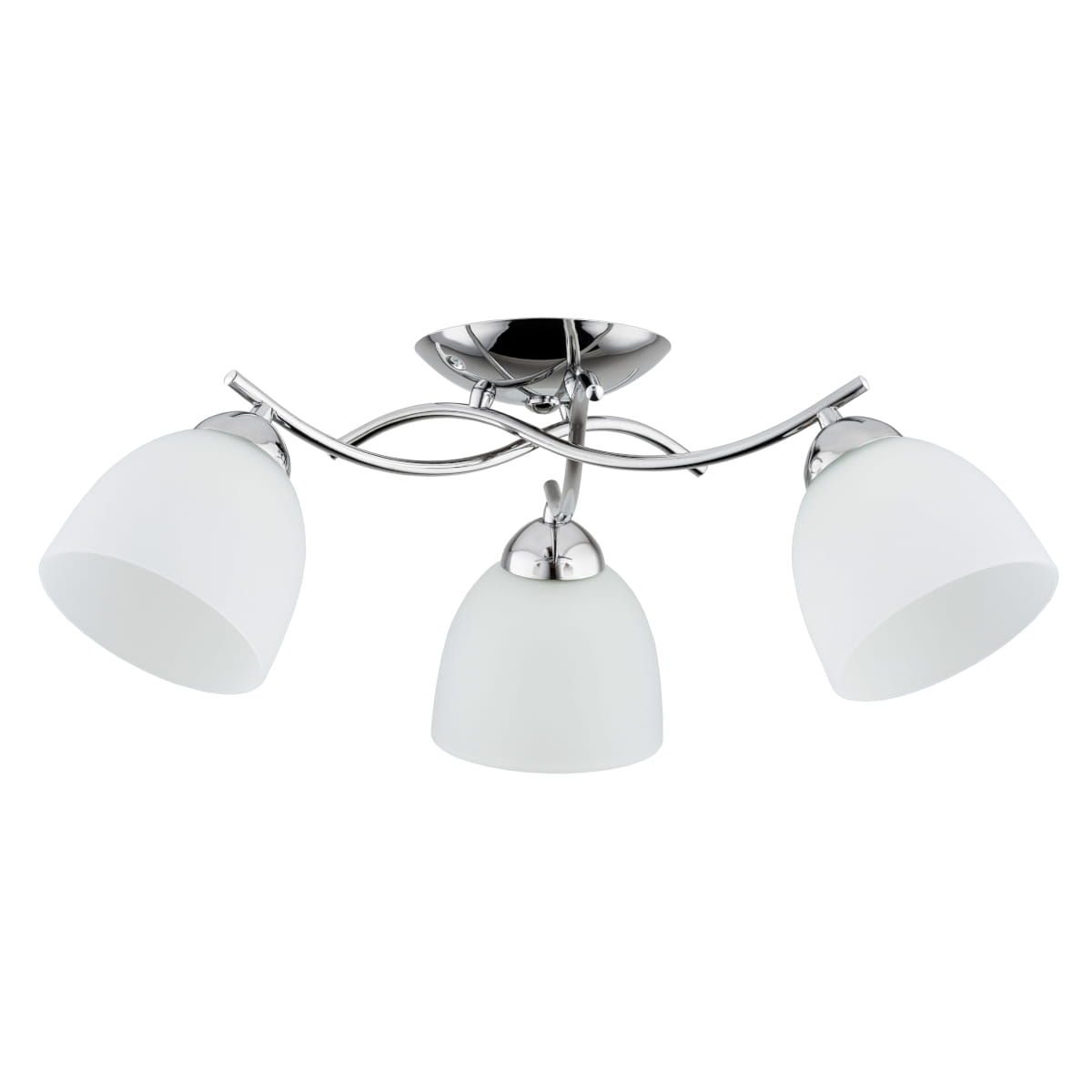 Lampa sufitowa Torino z trzema kloszami E27, chromowana, z białymi, szklanymi kloszami w kształcie dzwonu, zamontowana na okrągłej podstawie. Ujęcie z góry, ukazujące elegancki, falisty kształt ramienia.