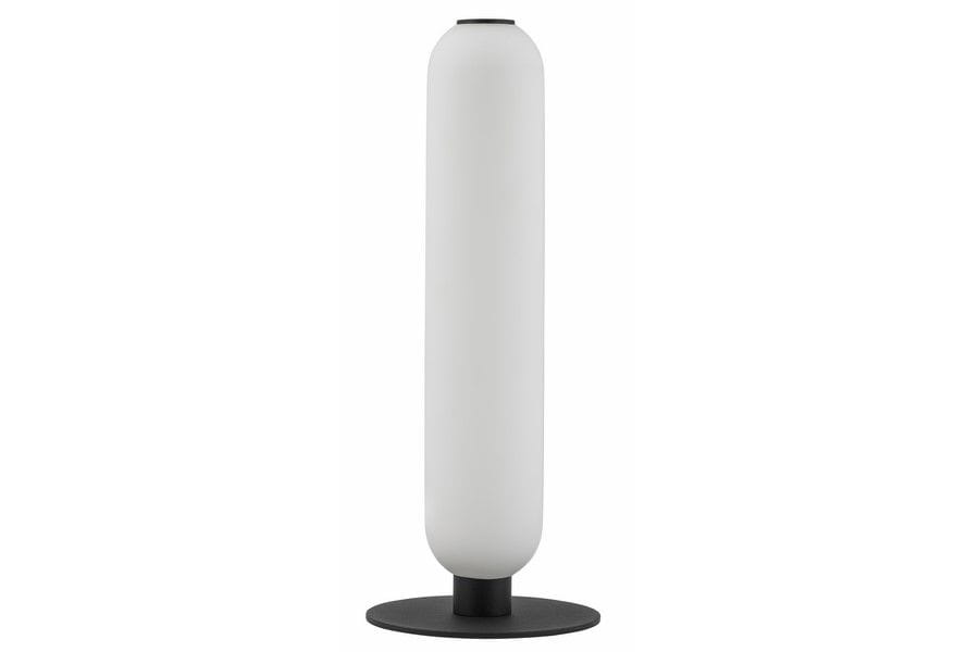 Lampa stołowa Catkin 1xLED/8W w kolorze czarnym, z białym, cylindrycznym kloszem. Ujęcie frontalne, stojąca na okrągłej podstawie. Gładka powierzchnia klosza, minimalistyczny design, idealna do nowoczesnych wnętrz.