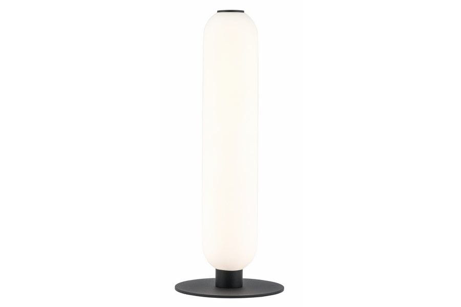 Lampa stołowa Catkin w czarnym kolorze, z białym, cylindrycznym kloszem. Ujęcie frontalne, stojąca na okrągłej podstawie. Wbudowane źródło światła LED o mocy 8W. Prosta, nowoczesna forma, idealna do aranżacji wnętrz.