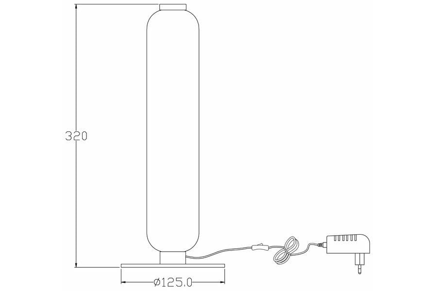 Lampa stołowa Catkin w kolorze czarnym, z prostokątną podstawą. Owalny klosz z LED 8W, wysokość 320 mm, średnica 125 mm. Widoczny kabel zasilający z wtyczką. Produkt ustawiony w pozycji stojącej.