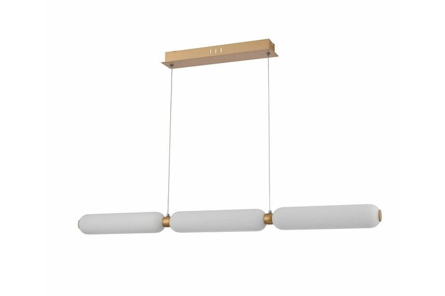 Lampa wisząca Catkin z trzema źródłami LED o mocy 24W, w kolorze złotym. Składa się z metalowego uchwytu i trzech białych, cylindrycznych kloszy. Produkt zawieszony na cienkich linkach, w ujęciu frontalnym.