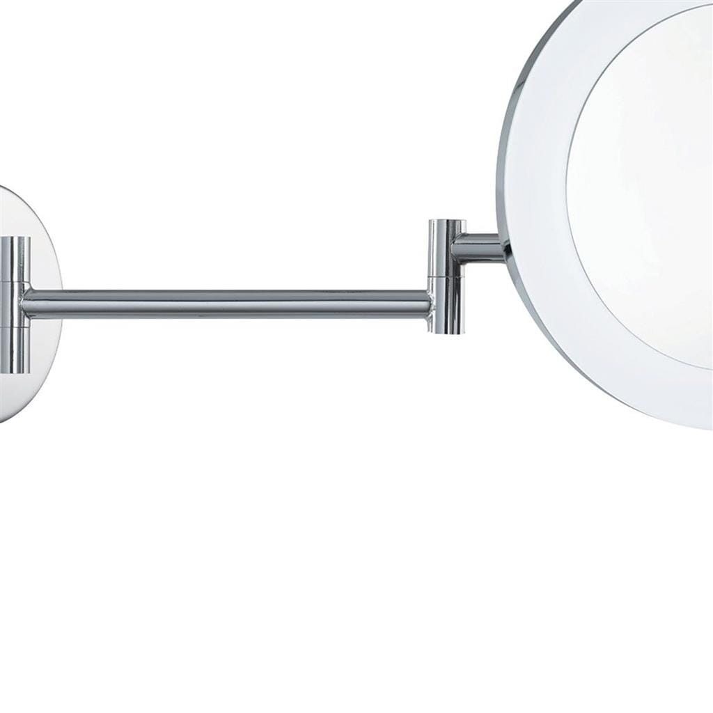 Kinkiet łazienkowy z lustrem magnifying, chromowany, z LED 4W, klasyfikacja IP44. Uchwyt prosty, okrągła podstawa. Lustro w kształcie okręgu, umieszczone na ruchomym ramieniu, idealne do precyzyjnego oświetlenia.